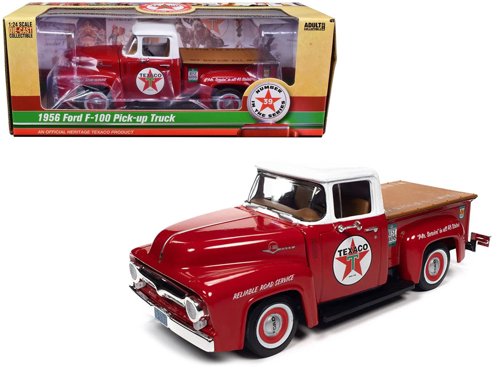 1956 Ford F-100 Pickup Truck Red with White Top "Texaco Reliable Road Service" "Vintage Fuel" Series 1/24 Diecast Model Car by Auto World - Minihomy