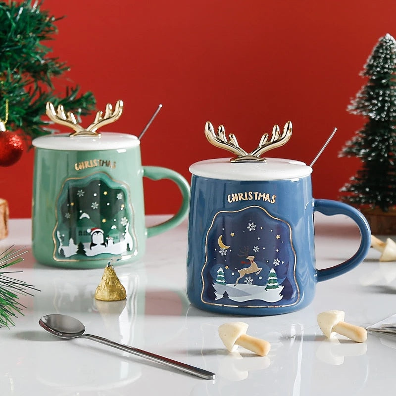 Drinkware Christmas Mugs  Ceramic Coffee Cups With Spoon - Minihomy