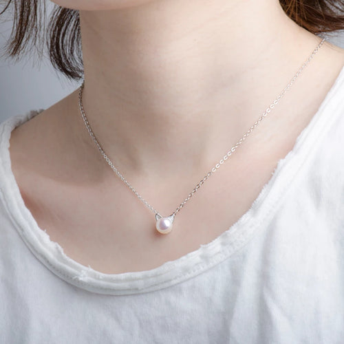 Sweet And Lovely Pearl Cat Ears Plated Platinum Short Necklace Temperament Kitten Clavicle Chain