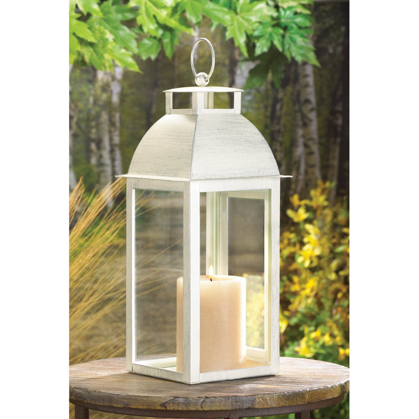 Ivory Distressed Metal Candle Lantern - 12.5 inches - Minihomy