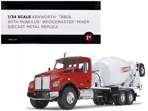Kenworth T880S Truck with McNeilus Bridgemaster Cement Mixer Red and White 1/34 Diecast Model by First Gear