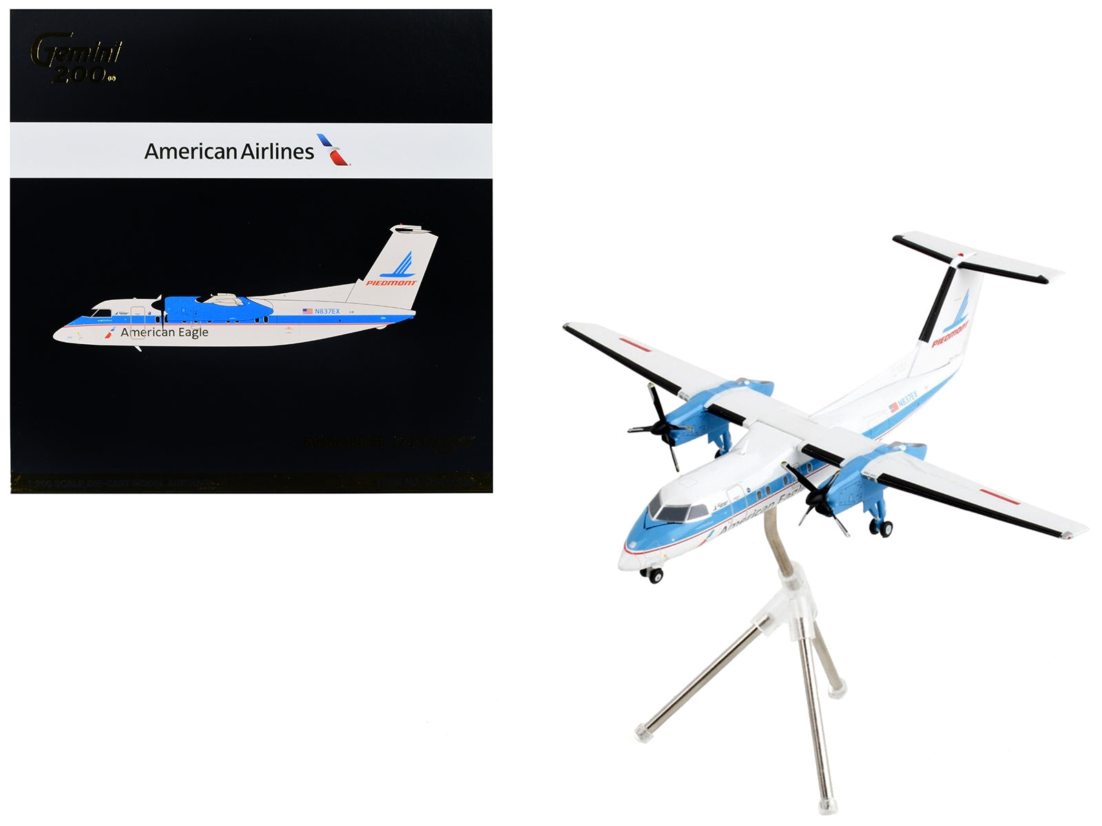 GeminiJets 1/200 Diecast Model: Bombardier Dash 8-100 "American Eagle - Piedmont Airlines" White, Blue Stripes