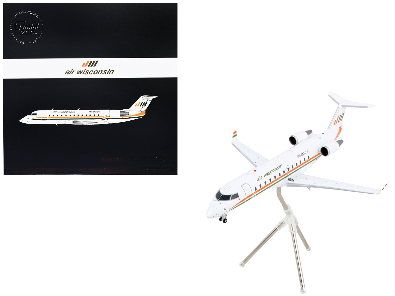 GeminiJets 1/200 Diecast Model: Bombardier CRJ200 "Air Wisconsin" White, Orange and Green Stripes