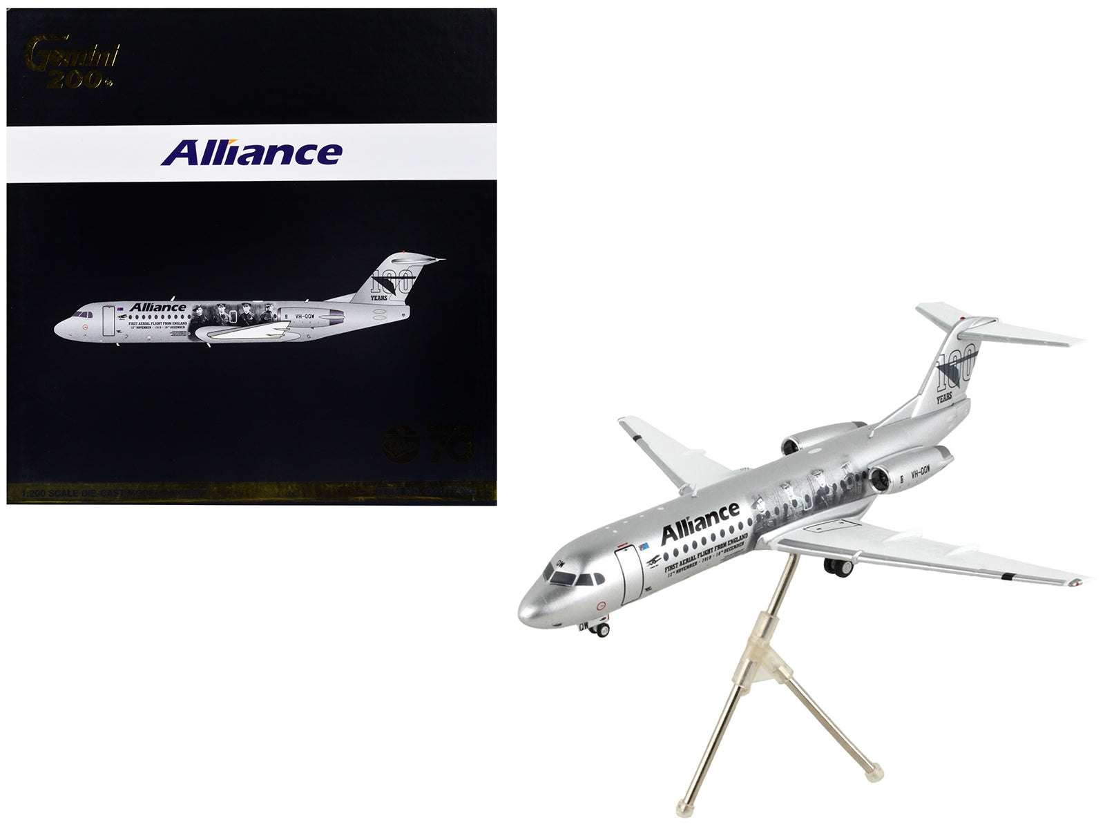 Fokker F70 Commercial Aircraft "Alliance Airlines - 100 Years First Flight from England" Silver Metallic "Gemini 200"