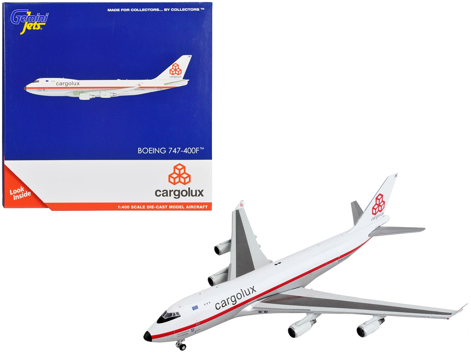 Boeing 747-400F Commercial Aircraft "Cargolux" White and Silver with Red Stripes 1/400 Diecast Model Airplane by GeminiJets