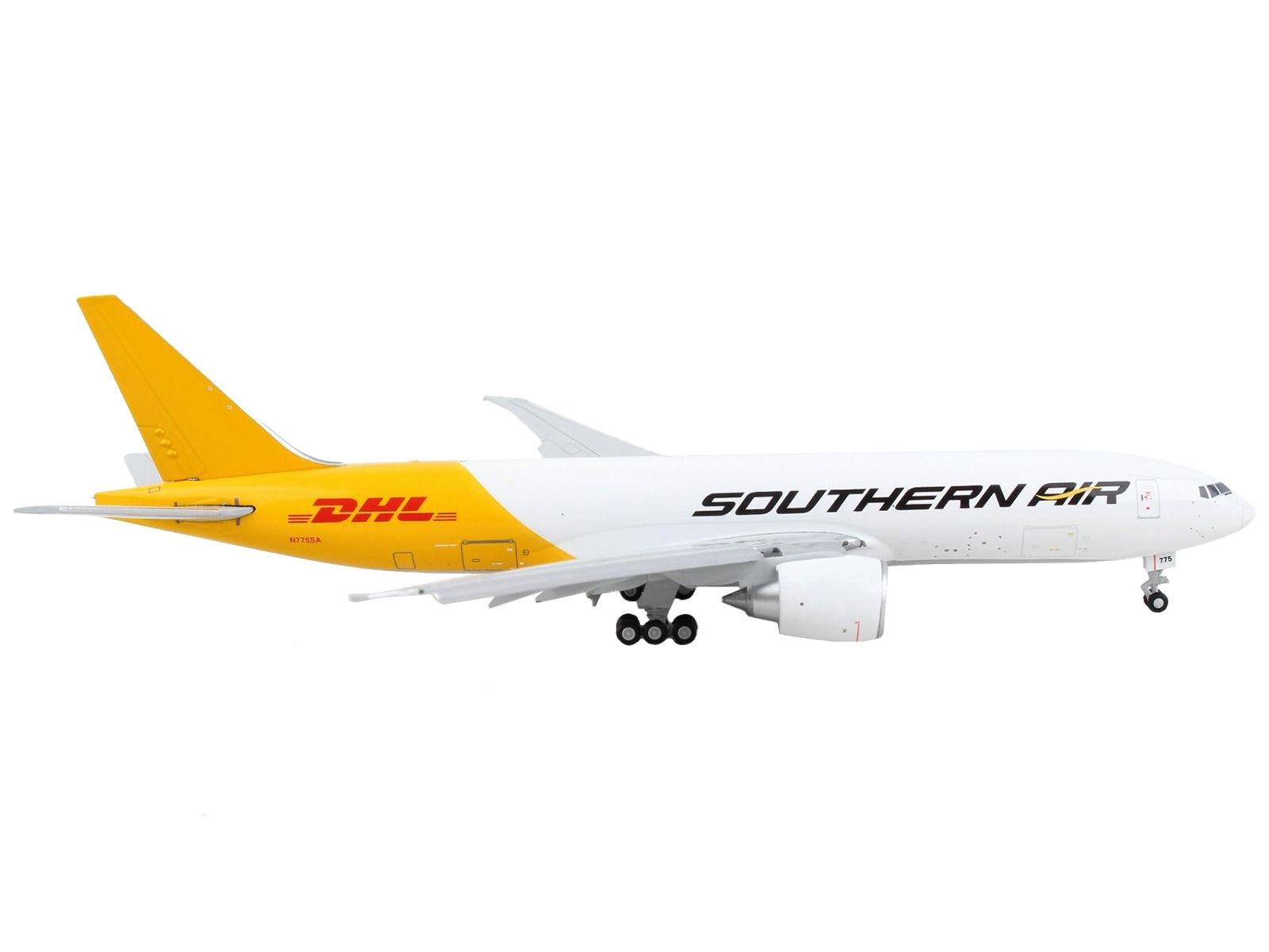 Boeing 777F Commercial Aircraft with Flaps Down "Southern Air - DHL" White and Yellow 1/400 Diecast Model Airplane by GeminiJets