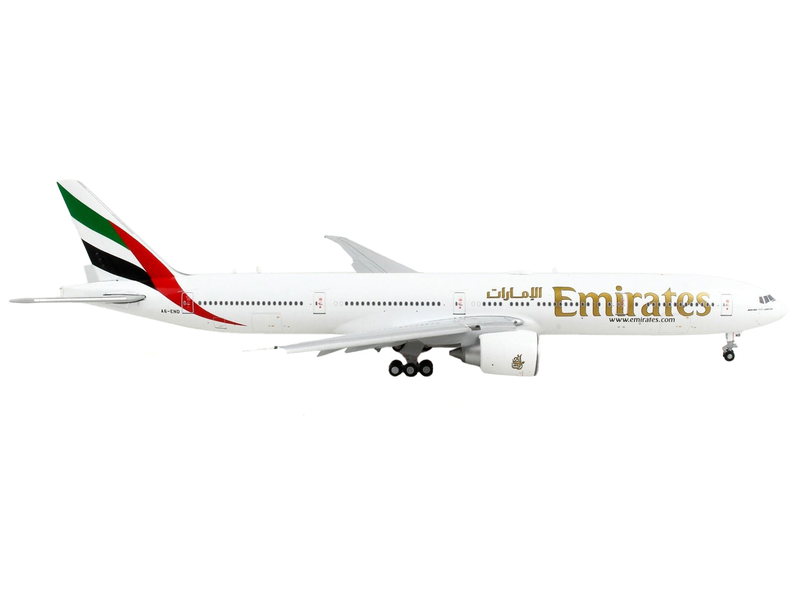 Boeing 777-300ER Commercial Aircraft with Flaps Down "Emirates Airlines" White with Striped Tail 1/400 Diecast Model Airplane by GeminiJets