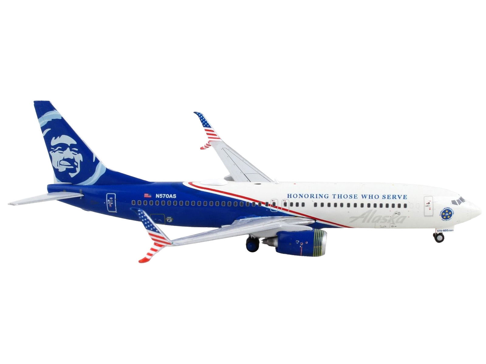 Boeing 737-800 Commercial Aircraft "Alaska Airlines - Honoring Those Who Serve" White and Blue 1/400 Diecast Model Airplane by GeminiJets