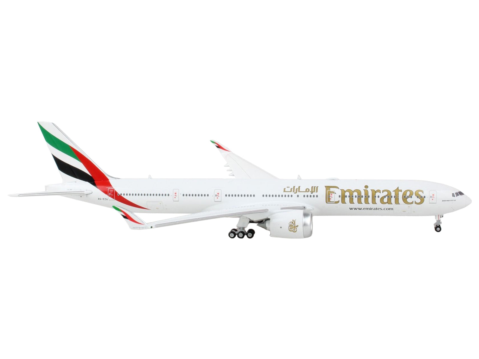 Boeing 777-9 Commercial Aircraft with Folded Wingtips "Emirates Airlines" White with Gold Lettering 1/400 Diecast Model Airplane by GeminiJets