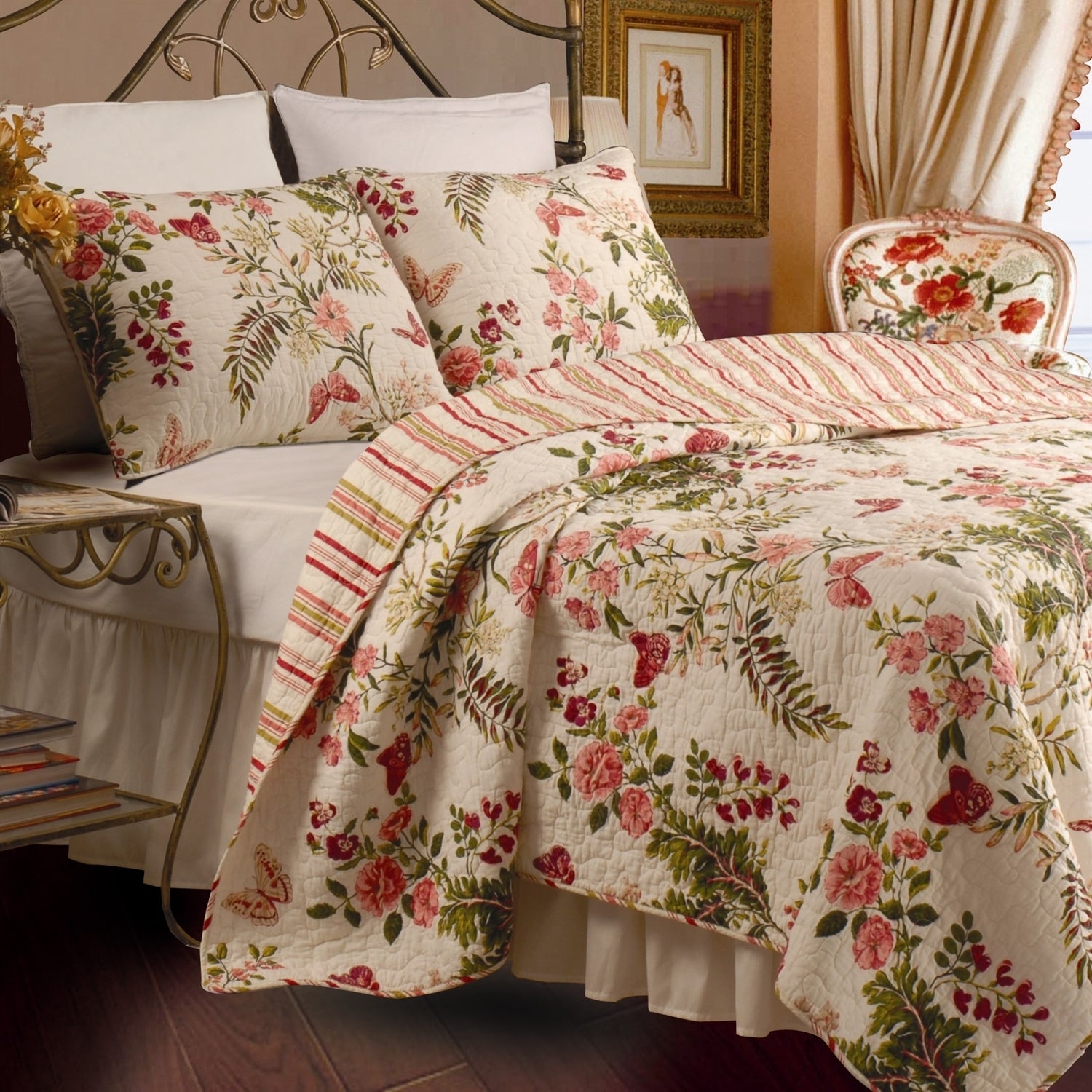 Full / Queen size Piece 100% Cotton Quilt Set Crimson Clover Floral - Minihomy