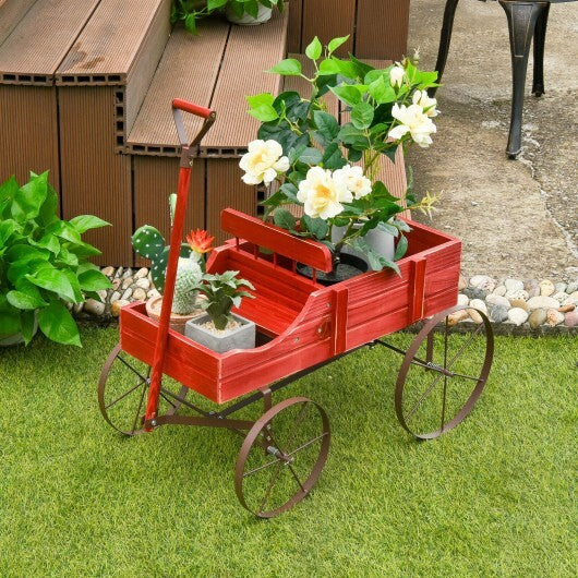 Wooden Wagon Plant Bed With Wheel for Garden Yard-Red