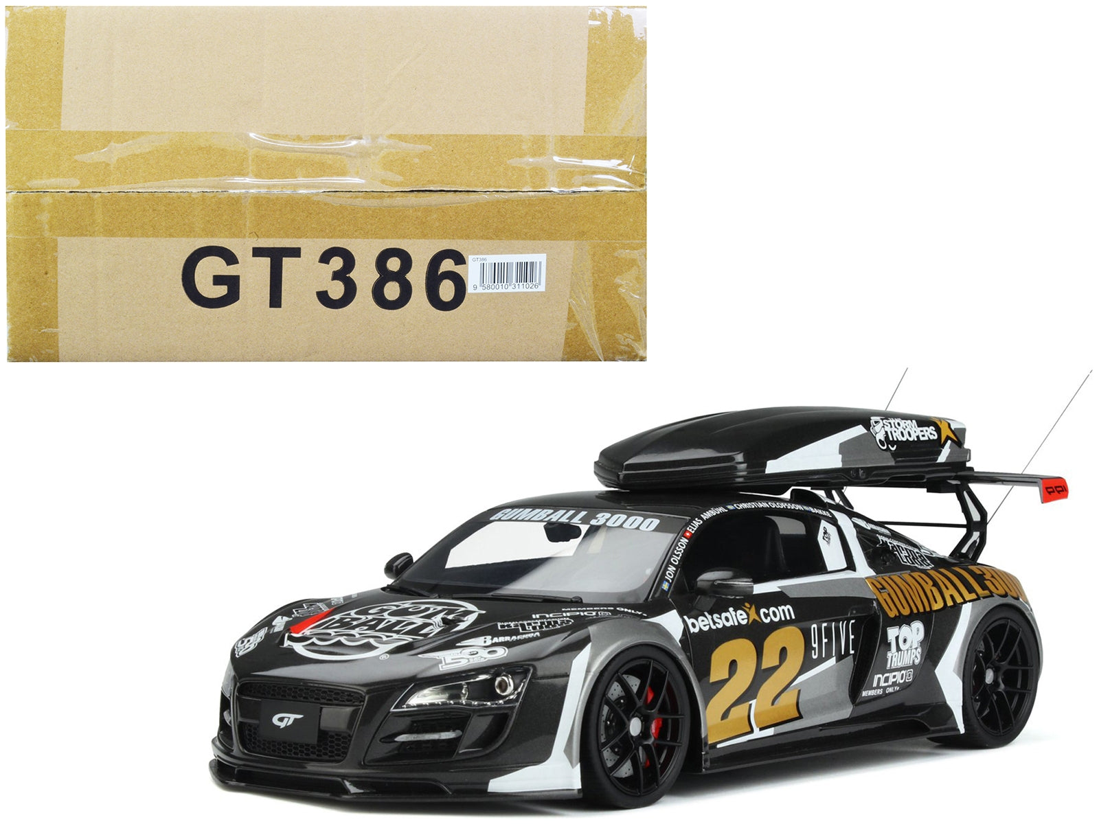 Audi R8 #22 "Gumball 3000" Rally Car with Ski Box 1/18 Model Car by GT Spirit - Minihomy