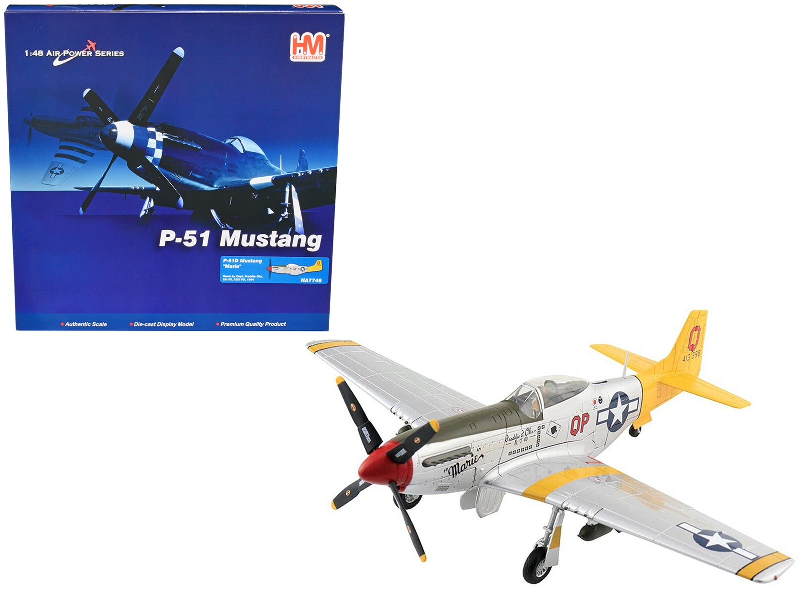 North American P-51D Mustang Fighter Aircraft "Marie" "Capt. Freddie Ohr 2th FS 52th FG" (1944) "Air Power Series" 1/48 Diecast Model by Hobby Master - Minihomy