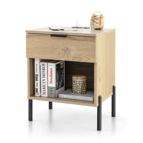 Modern Nightstand with Charging Station-Natural