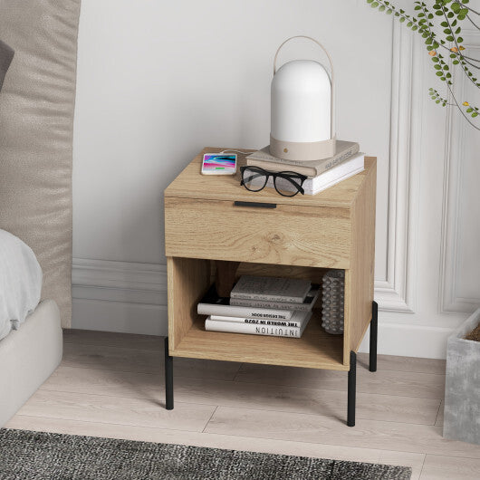 Modern Nightstand with Charging Station-Natural - Minihomy