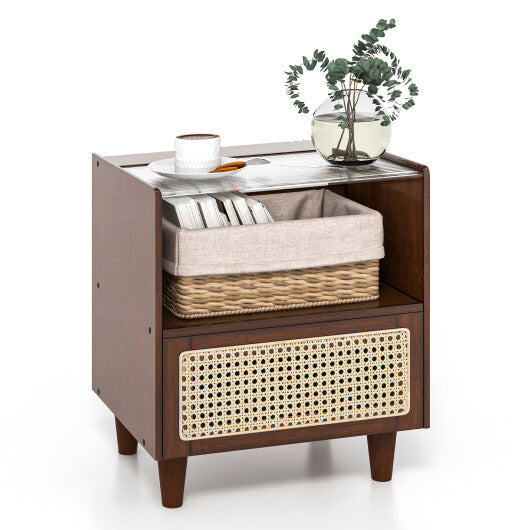 Bamboo Rattan Nightstand with Drawer and Solid Wood Legs-Brown - Minihomy