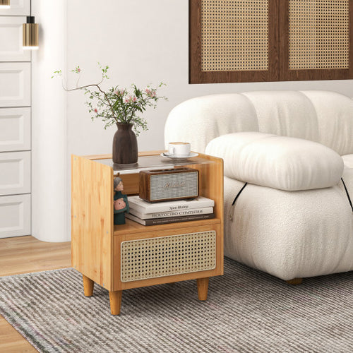 Bamboo Rattan Nightstand with Drawer and Solid Wood Legs-Brown
