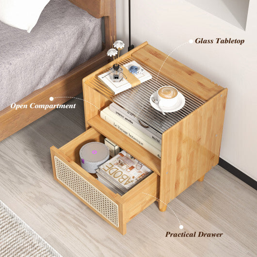 Bamboo Rattan Nightstand with Drawer and Solid Wood Legs-Brown - Minihomy