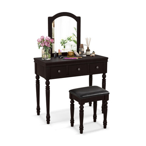 Makeup Vanity Table and Stool Set with Detachable Mirror and 3 Drawers Storage-Walnut - Color: Walnut