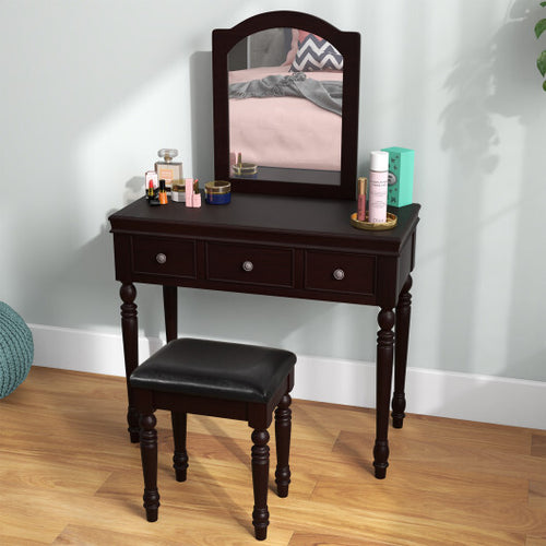 Makeup Vanity Table and Stool Set with Detachable Mirror and 3 Drawers Storage-Walnut - Color: Walnut