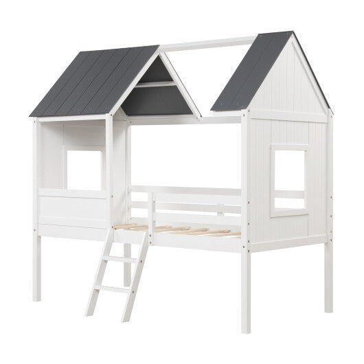 Twin Size Kids House Bed Low Loft Bed Frame with Roof-White