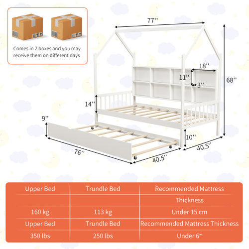 Twin Size Kids Montessori Daybed with Roof and Shelf Compartments-White