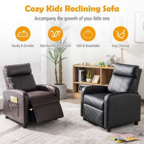 Ergonomic PU Leather Kids Recliner Lounge Sofa for 3-12 Age Group-Black - Color: Black