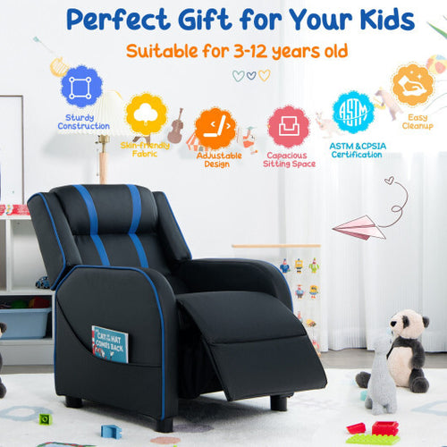 Kids Recliner Chair with Side Pockets and Footrest-Blue - Color: Blue