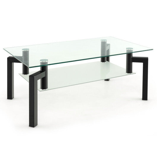 2-Tier Rectangular Glass Coffee Table with Metal Tube Legs-Black