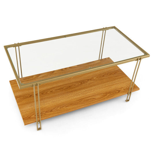 2 Tiers Rectangle Glass Coffee Table with White and Gold Steel Frame-Golden