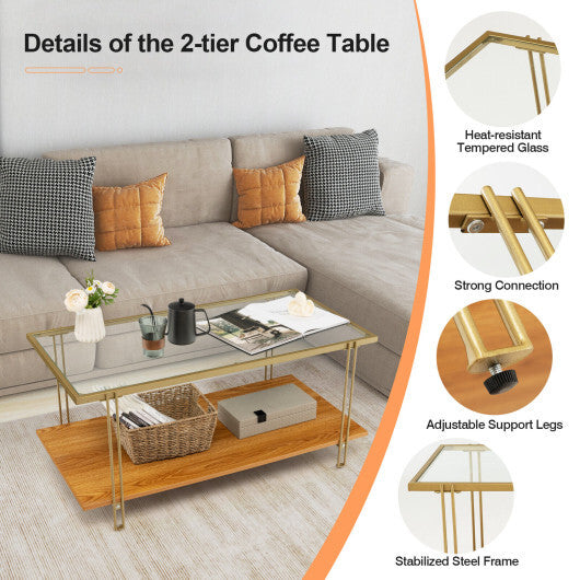 2 Tiers Rectangle Glass Coffee Table with White and Gold Steel Frame-Golden - Minihomy