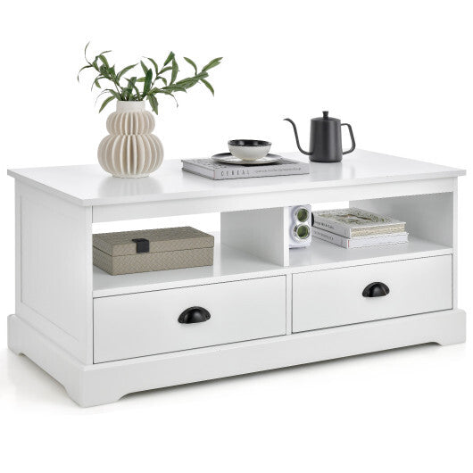 Modern Coffee Table with Drawers and Open Cubies-White