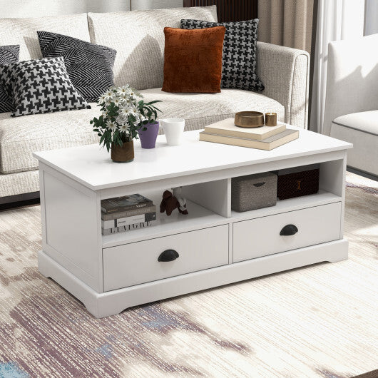 Modern Coffee Table with Drawers and Open Cubies-White