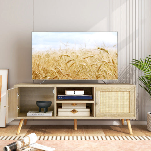 PE Rattan Media Console Table with 2 Cabinets and Open Shelves - Color: Natural