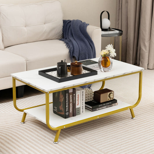 2-Tier Faux Marble Top Rectangular Coffee Table with Metal Frame-White