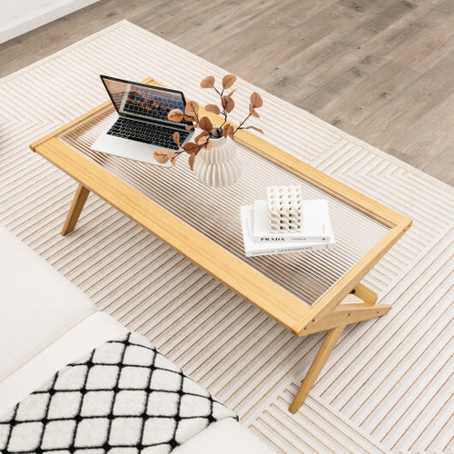 Z-Shaped Handwoven Bamboo Coffee Table with Tempered Glass Top-Natural