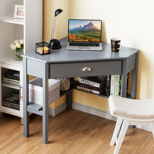 Corner Wooden Piece Laptop Computer Desk-Gray - Color: Gray