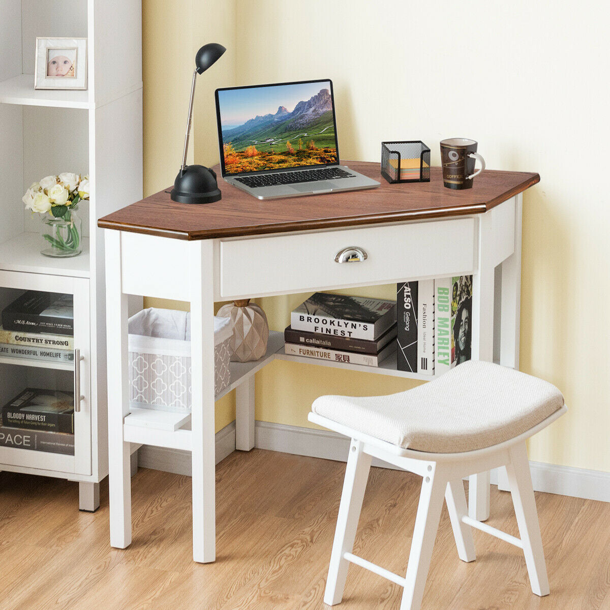 Corner Wooden Piece Laptop Computer Desk-Natural - Color: Natural