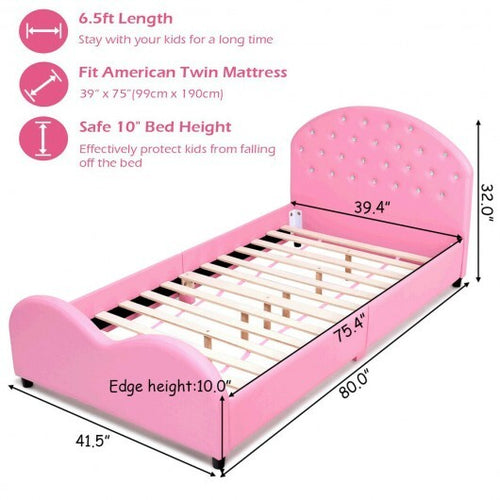 Twin Size Upholstered Platform Toddler Bed with Wood Slat Support