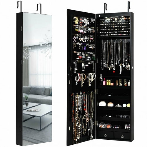 Wall and Door Mounted Mirrored Jewelry Cabinet with Lights-Black