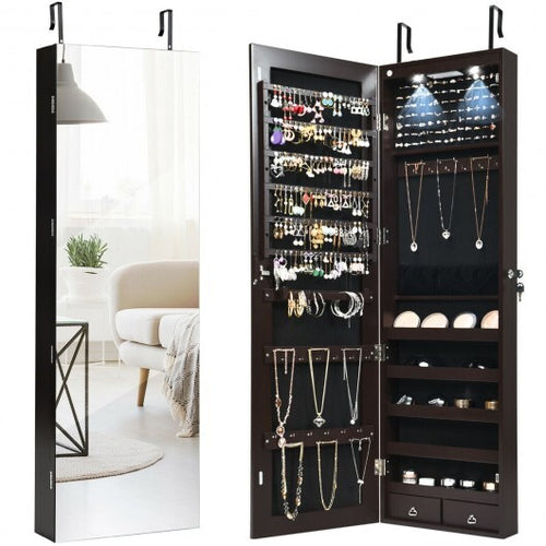 Wall and Door Mounted Mirrored Jewelry Cabinet with Lights-Black