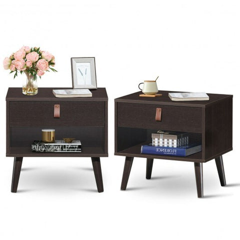 Nightstand Bedroom Table with Drawer Storage Shelf-Brown