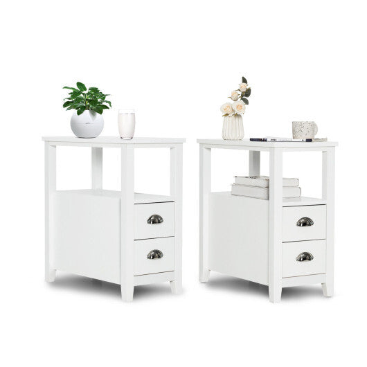 Set of 2 End Tables Wooden with 2 Drawers & Shelf