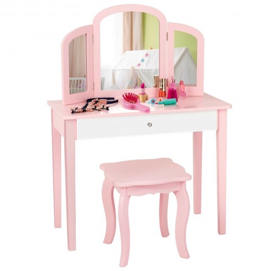 Kids Princess Make Up Dressing Table with Tri-folding Mirror and Chair-Pink