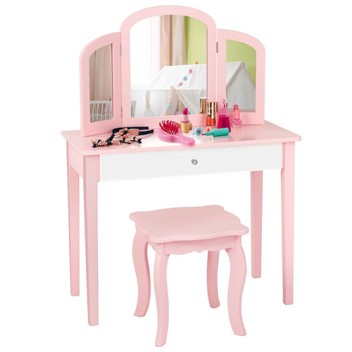 Kids Princess Make Up Dressing Table with Tri-folding Mirror and Chair-Pink - Color: Pink