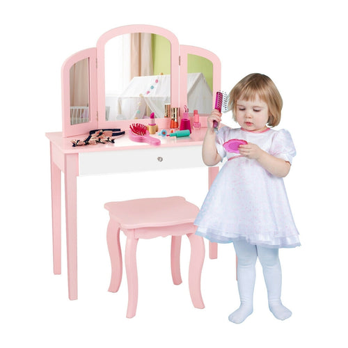 Kids Princess Make Up Dressing Table with Tri-folding Mirror and Chair-Pink - Color: Pink