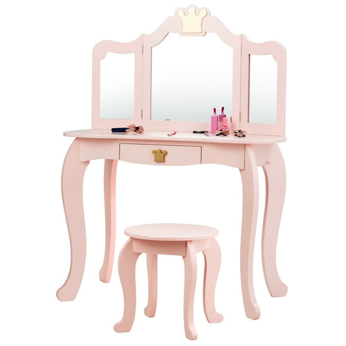 Kids Makeup Dressing Table with Tri-folding Mirror and Stool-Pink - Color: Pink