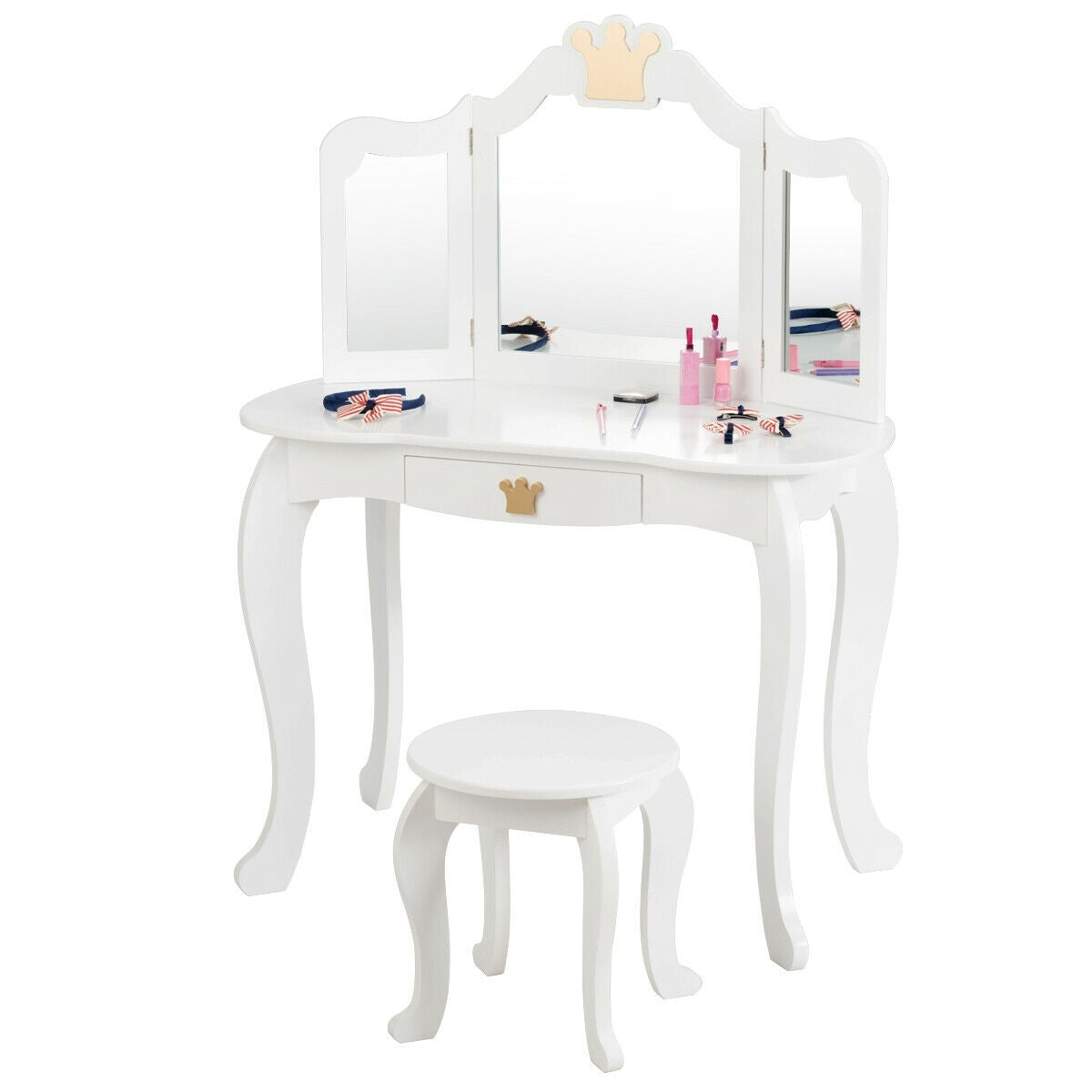 Kids Makeup Dressing Table with Tri-folding Mirror and Stool-White - Color: White