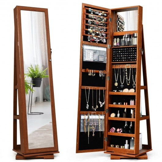 360? Rotatable 2-in-1 Lockable Jewelry Cabinet with Full-Length Mirror-Brown