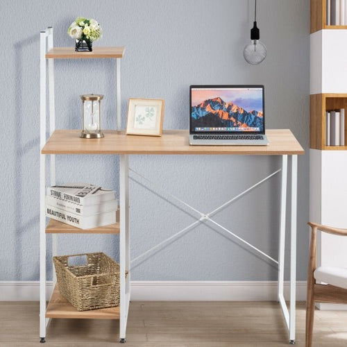 Compact Computer Desk Workstation with 4 Tier Shelves for Home and Office-Natural - Color: Natural